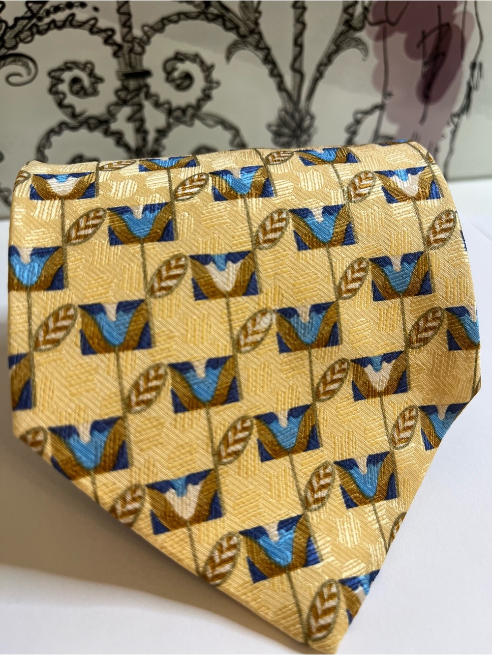 Ermenegildo Zegna Gold Silk Tie with Blue/Tan Geometric Pattern - Made in Italy